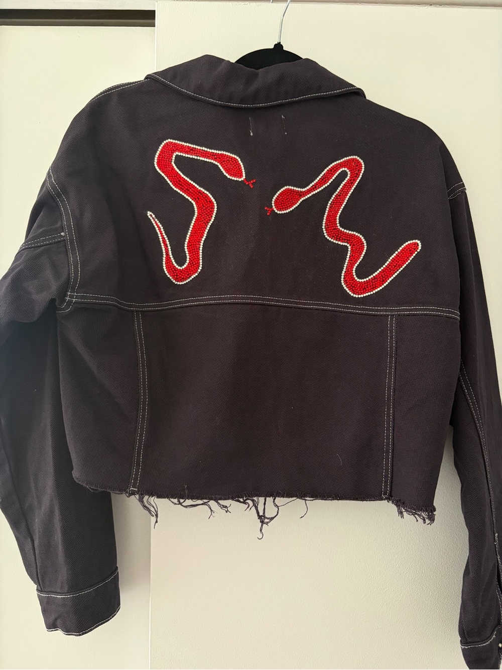 Custom-Made Black Cropped Jacket with Red Snake Appliqué